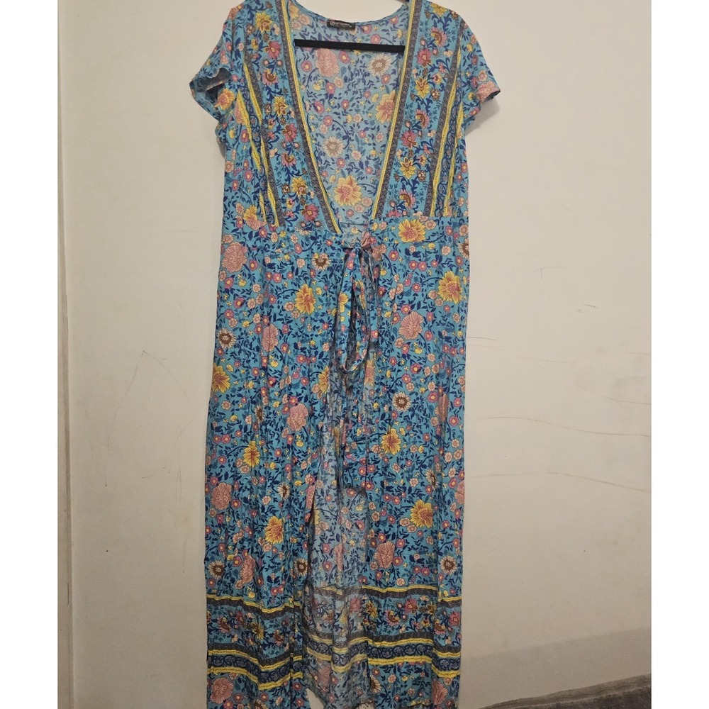 Pretty Garden Floral Wrap Maxi‎ Dress Women Size Medium Boho Bright Colors